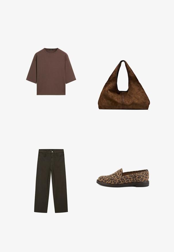 Braunes, kurzes T-Shirt mit rundem Halsausschnitt, kurzen Ärmeln und einer weichen Textur. Entworfen mit einem lässigen Schnitt und minimalen Details.; Dunkelgrüne Jeans im weit geschnittenen Style, hergestellt aus einem Baumwollgemisch. Sie verfügen über einen Frontknopfverschluss, fünf Taschen und klassische Denim-Nähte.; Schuhe mit Leo-Print im Slip-On-Stil und flacher Sohle, mit einer glatten, strukturierten Oberfläche und einem runden Zehenbereich.; Braune Wildleder-Schultertasche mit offenem Oberteil. Sie verfügt über einen tiefen, breiten Körper, einen ausgeschnittenen Griff und minimale Nähte für ein sauberes Design.