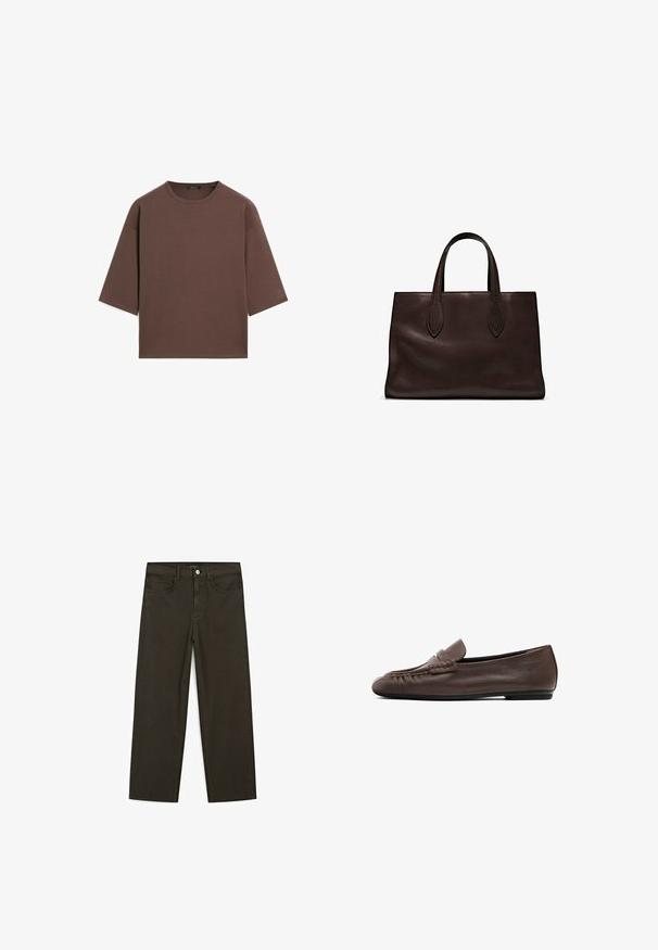 Brun kortärmad t-shirt med rund halsringning, korta ärmar och en mjuk textur. Designad med en avslappnad passform och minimal detaljer.; Mörkgröna vida jeans i bomullsblandning, med knäppning fram, fem fickor och klassisk denimstickning.; Brun läder moccasin-stil platt sko med en sydd accent på ovandelen och en slät textur. Låg profil design med en flexibel sula.; Brun läder tote-väska med två avlånga handtag, strukturerad rektangulär form, slät textur och subtila sömdetaljer.