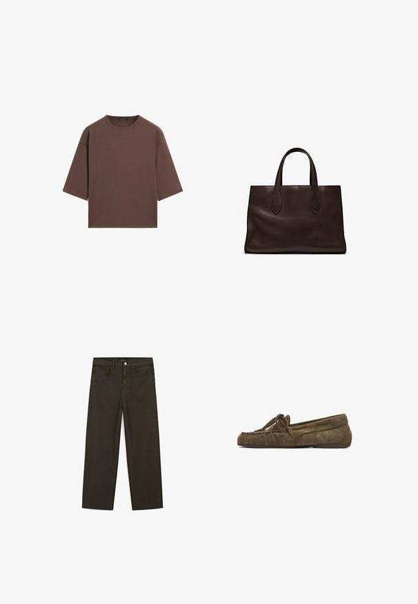 Brown cropped t-shirt with a round neckline, short sleeves, and a soft texture. Designed with a relaxed fit and minimal detailing.; Dark green wide-leg jeans made of cotton blend, featuring a front button closure, five pockets, and classic denim stitching.; Suede loafers in dark brown with a gathered design, bow detail on the front, and a flat, rubber sole for comfort.; Brown leather tote bag with two elongated handles, structured rectangular shape, smooth texture, and subtle stitching details.