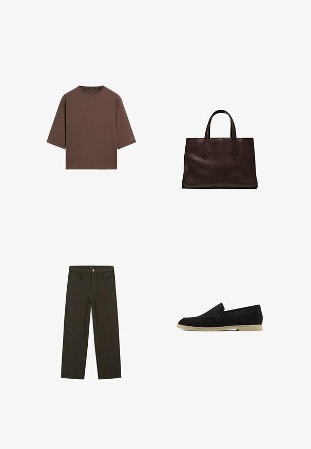 Brown cropped t-shirt with a round neckline, short sleeves, and a soft texture. Designed with a relaxed fit and minimal detailing.; Dark green wide-leg jeans made of cotton blend, featuring a front button closure, five pockets, and classic denim stitching.; Black suede loafers with a flat beige sole, featuring a stitched design and a sleek slip-on style, suitable for casual wear.; Brown leather tote bag with two elongated handles, structured rectangular shape, smooth texture, and subtle stitching details.