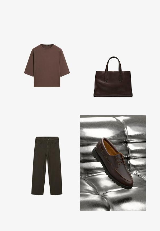 Brown cropped t-shirt with a round neckline, short sleeves, and a soft texture. Designed with a relaxed fit and minimal detailing.; Dark green wide-leg jeans made of cotton blend, featuring a front button closure, five pockets, and classic denim stitching.; Brown leather boat shoe with black rubber sole resting on shiny metallic silver tufted surface.; Brown leather tote bag with two elongated handles, structured rectangular shape, smooth texture, and subtle stitching details.