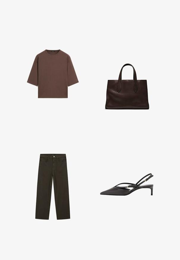 T-shirt corto marrone con scollatura rotonda, maniche corte e una texture morbida. Progettato con una vestibilità rilassata e dettagli minimi.; Jeans a gamba larga di colore verde scuro, realizzati in tessuto misto cotone, dotati di chiusura con bottone frontale, cinque tasche e cuciture classiche in denim.; Pump slingback nera in pelle con punta affusolata, sottili cinturini alla caviglia e tacco a stiletto basso. Texture liscia con design minimalista.; Borsa a spalla in pelle marrone con due manici lunghi, forma rettangolare strutturata, texture liscia e dettagli di cucitura sottili.