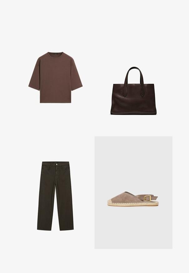 Brown cropped t-shirt with a round neckline, short sleeves, and a soft texture. Designed with a relaxed fit and minimal detailing.; Dark green wide-leg jeans made of cotton blend, featuring a front button closure, five pockets, and classic denim stitching.; Suede espadrille sandal in taupe, open back design, jute sole, flat heel, with adjustable buckle accent, featuring contrasting beige toe cap.; Brown leather tote bag with two elongated handles, structured rectangular shape, smooth texture, and subtle stitching details.