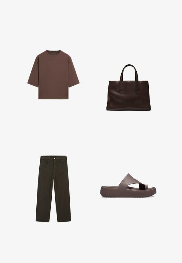 Braunes, kurzes T-Shirt mit rundem Halsausschnitt, kurzen Ärmeln und einer weichen Textur. Entworfen mit einem lässigen Schnitt und minimalen Details.; Dunkelgrüne Jeans im weit geschnittenen Style, hergestellt aus einem Baumwollgemisch. Sie verfügen über einen Frontknopfverschluss, fünf Taschen und klassische Denim-Nähte.; Braune Plattform-Sandalen aus Gummi mit Kreuzriemen-Design, offenen Zehen und strukturiertem Sohlenprofil für besseren Halt. Logo an der Seite.; Braune Ledertasche mit zwei langen Griffen, strukturierte rechteckige Form, glatte Textur und dezente Nähdetails.