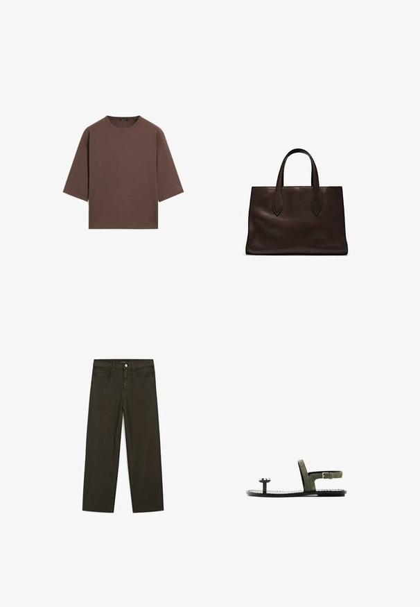 Brązowy, krótki t-shirt z okrągłym dekoltem, krótkimi rękawami i miękką fakturą. Zaprojektowany w luźnym kroju z minimalnymi detalami.; Ciemnozielone spodnie dżinsowe typu wide-leg wykonane z mieszanki bawełny, z zamkiem na guzik z przodu, pięcioma kieszeniami i klasycznym przeszyciem dżinsowym.; Sandały open-toe w oliwkowym zamszu, z cienkim paskiem na kostkę z klamrą, okrągłym paskiem na palce i płaską czarną podeszwą.; Brązowa skórzana torba tote z dwoma wydłużonymi uchwytami, usztywnionym prostokątnym kształtem, gładką teksturą i subtelnymi detalami przeszycia.