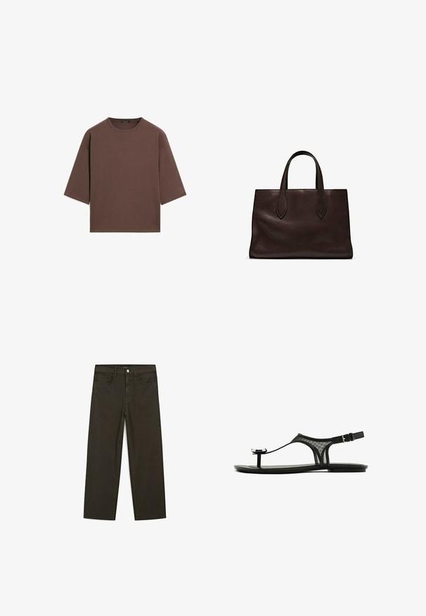Bruine cropped t-shirt met een ronde halslijn, korte mouwen en een zachte textuur. Ontworpen met een losse pasvorm en minimale details.; Donkergroene wijde jeans van een katoenmix, met een sluiting met een voorste knop, vijf zakken en klassieke denimstiksels.; Zwarte platte sandalen met een meshband, dunne teenlus en verstelbare enkelgesp. Kenmerkt zich door een slank, minimalistisch ontwerp met glanzende accenten.; Bruine leren tote bag met twee verlengde handvatten, gestructureerde rechthoekige vorm, gladde textuur en subtiele stiksels.