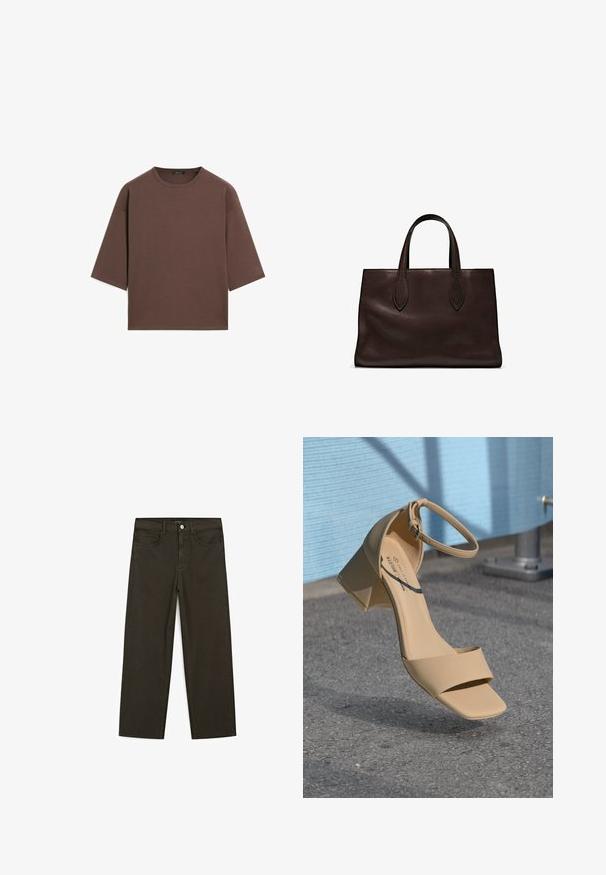 Hnědý zkrácený tričko s kulatým výstřihem, krátkými rukávy a měkkou texturou. Navrženo s uvolněným střihem a minimálním zdobením.; Tmavě zelené široké džínsy vyrobené z bavlněné směsi, s předním zapínáním na knoflík, pěti kapsami a klasickým denimovým stehem.; Beige sandály na blokovém podpatku se čtveratou špičkou, minimálními popruhy a sponou na kotníku. Hladký, matný materiál na šedém povrchu.; Hnědá kožená taška přes rameno s dvěma dlouhými uchy, strukturální obdélníkový tvar, hladká textura a jemné švy.
