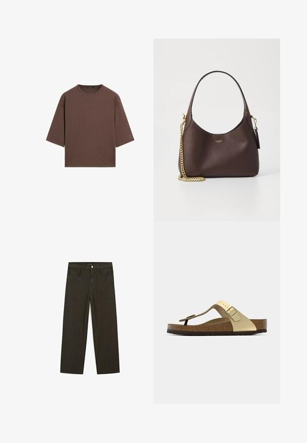 Brun cropped t-shirt med rund halsudskæring, korte ærmer og en blød tekstur. Designet med en afslappet pasform og minimal detaljering.; Mørkegrønne brede jeans lavet af en bomuldsblanding, med en frontlukning med knap, fem lommer og klassisk denim-syning.; Kork sål sandal i lys guld med en thong-design og justerbar spænde. Har en tekstureret ydersål for godt greb. Neutral farveskema.; COACH BROOKLYN SHOULDER BAG 23 - Håndtasker - maple