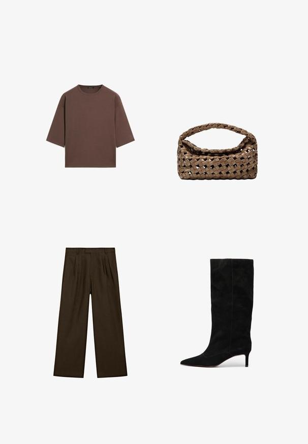 Braunes, kurzes T-Shirt mit rundem Halsausschnitt, kurzen Ärmeln und einer weichen Textur. Entworfen mit einem lässigen Schnitt und minimalen Details.; Braune Leinenhose mit lockerer Passform, ausgestattet mit vorderen Falten, einem flachen Taillenbund und weiten, geraden Beinen für eine moderne Silhouette.; Schwarze Wildleder-Stiefel bis zum Knie mit einer spitzen Zehe und schmalem Stiletto-Absatz. Sie verfügen über minimale Nähte und eine durchgehend glatte Textur.; Geflochtener brauner Handtasche in rechteckiger Form, mit strukturiertem Griff und texturierter Oberfläche. Verfügt über einen geschlossenen oberen Teil und ein ausgeklügeltes Geflechtmuster.