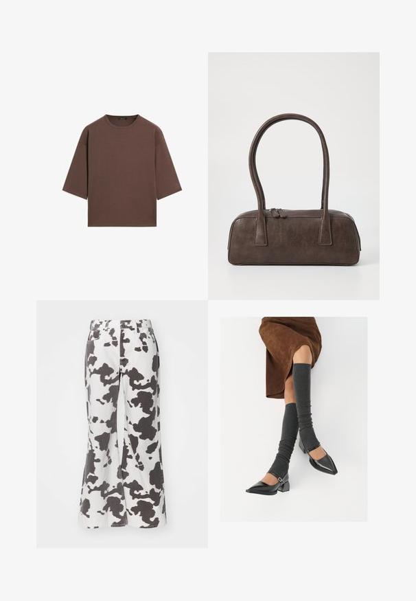 Brun kortärmad t-shirt med rund halsringning, korta ärmar och en mjuk textur. Designad med en avslappnad passform och minimal detaljer.; Uppflutna denimbyxor i vitt med svart ko-mönster. Har fem fickor, bältesöppningar och framknäppning. Strukturen verkar robust.; Svarta lackläderskor med spetsig tå, blockklack och ankelrem, i kombination med grå ribbade benvärmare och en brun mockakjol.; Brun läderhandväska med två stadiga handtag, rektangulär form, slät yta och dragkedjestängning. Minimalistisk design utan synliga mönster.