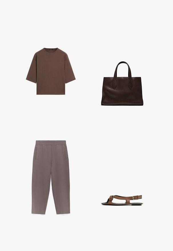 Bruine cropped t-shirt met een ronde halslijn, korte mouwen en een zachte textuur. Ontworpen met een losse pasvorm en minimale details.; Taupe wijde broek met elastische tailleband en zijzakken, vervaardigd uit zachte, gladde stof.; Bruine leren sandaal met een open teen en zijuitsparingen. Voorzien van een enkelband met een metalen gesp en een platte zool.; Bruine leren tote bag met twee verlengde handvatten, gestructureerde rechthoekige vorm, gladde textuur en subtiele stiksels.