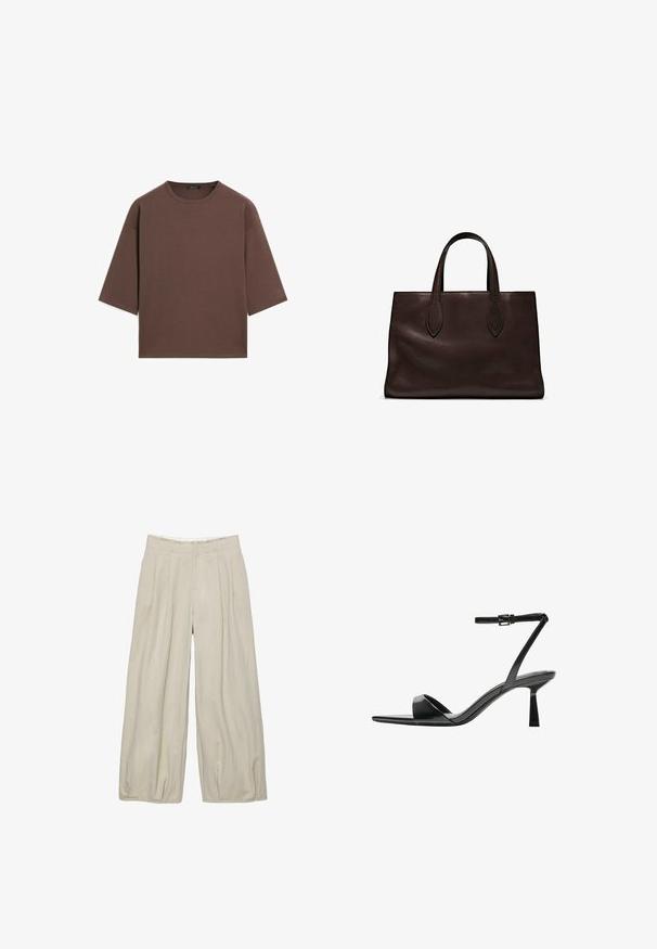 Bruine cropped t-shirt met een ronde halslijn, korte mouwen en een zachte textuur. Ontworpen met een losse pasvorm en minimale details.; Beige ruime broek met een gestructureerd oppervlak, voorzien van voorplooien en een aansluitende tailleband. Geen zichtbare sluitingen of zakken.; Bershka Sandalen met hoge hak - black; Bruine leren tote bag met twee verlengde handvatten, gestructureerde rechthoekige vorm, gladde textuur en subtiele stiksels.