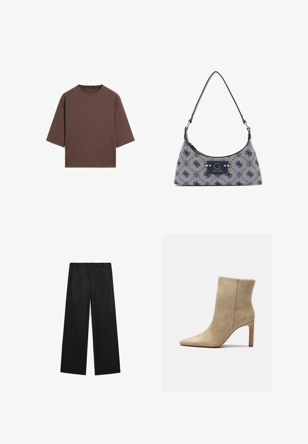 Brun cropped t-shirt med rund halsudskæring, korte ærmer og en blød tekstur. Designet med en afslappet pasform og minimal detaljering.; Bredde ben sorte bukser lavet af en bomuldsblanding, med en glat tekstur, frontlommer og minimale syninger.; Zign Højhælede støvletter - beige; Hobo-stil håndtaske i mørkeblå stof med diamantmønster, der har en logo-plade og en glat skulderrem. Teksturoverflade.