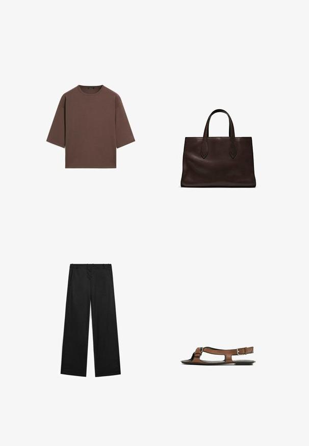 Bruine cropped t-shirt met een ronde halslijn, korte mouwen en een zachte textuur. Ontworpen met een losse pasvorm en minimale details.; Wijd uitgesneden zwarte broek van een katoenmix stof, met een zachte textuur, voorzakken en minimale stikseldetails.; Bruine leren sandaal met een open teen en zijuitsparingen. Voorzien van een enkelband met een metalen gesp en een platte zool.; Bruine leren tote bag met twee verlengde handvatten, gestructureerde rechthoekige vorm, gladde textuur en subtiele stiksels.