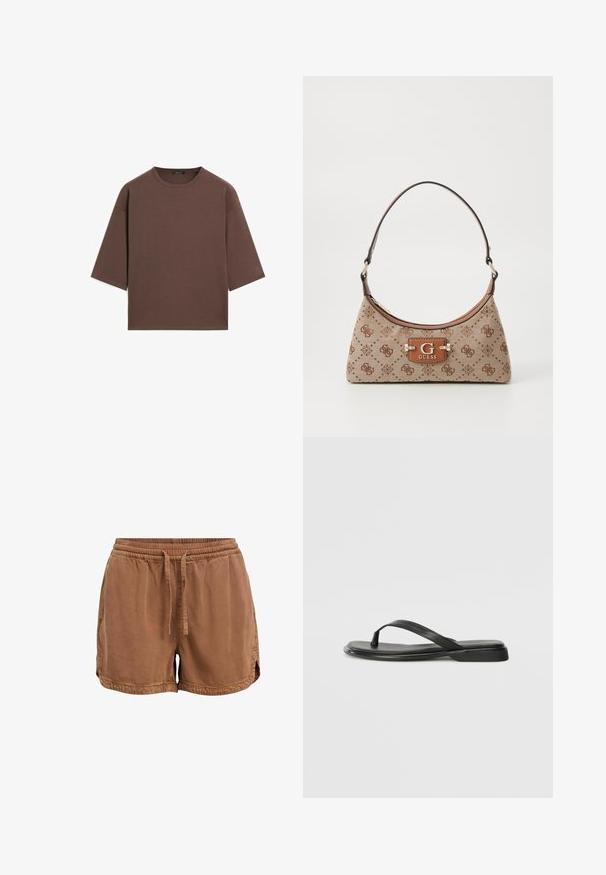Brown cropped t-shirt with a round neckline, short sleeves, and a soft texture. Designed with a relaxed fit and minimal detailing.; Brown shorts made of soft fabric, featuring an elastic waistband, adjustable drawstring, and side pockets. Hem with small side slits.; Black flip-flop made of smooth leather, featuring a thin strap design and a flat sole with a minimal profile. No notable patterns or accents.; Tote bag in beige fabric with brown patterned accents. Features a curved shape, single strap, and a logo plaque in front with silver hardware.