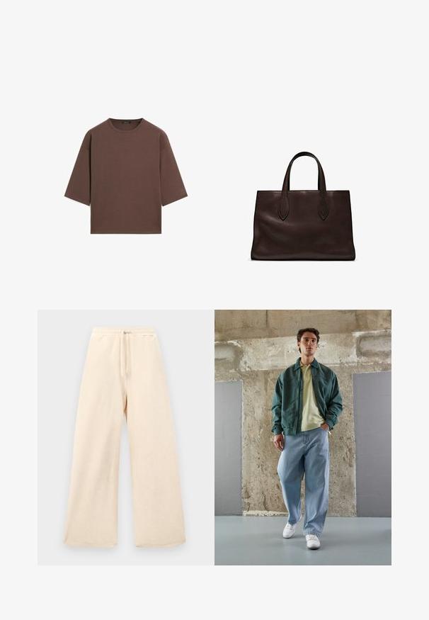 Brun cropped t-shirt med rund halsudskæring, korte ærmer og en blød tekstur. Designet med en afslappet pasform og minimal detaljering.; Bredde benbukser i lysbeige, lavet af et struktureret stof. Har en elastisk talje med snoretræk. Enkel, udekoreret design.; Grøn bomberjakke over en lys gul polo, parret med løse blå jeans og hvide sneakers. Glatte stoffer, afslappet pasform, minimal hardware.; Brun læder tote bag med to forlængede håndtag, struktureret rektangulær form, glat overflade og subtile syninger.; Guldtonet metal ørering med et slankt, buet design. Har en karakteristisk spids form, poleret overflade og hængselåbning.
