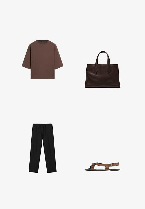 Bruine cropped t-shirt met een ronde halslijn, korte mouwen en een zachte textuur. Ontworpen met een losse pasvorm en minimale details.; Zwarte, losvallende broek met een elastische tailleband en trekkoord. Bevat twee zijzakken en heeft een gladde textuur. Casual ontwerp.; Bruine leren sandaal met een open teen en zijuitsparingen. Voorzien van een enkelband met een metalen gesp en een platte zool.; Bruine leren tote bag met twee verlengde handvatten, gestructureerde rechthoekige vorm, gladde textuur en subtiele stiksels.