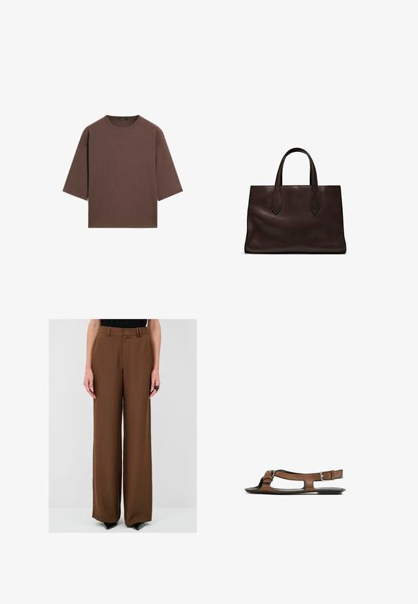 T-shirt marron court avec un col rond, des manches courtes et une texture douce. Conçu avec une coupe décontractée et un minimum de détails.; Un pantalon large marron au toucher lisse, avec des passants de ceinture et des plis, associé à des chaussures à talons noires pour un look contrasté.; Sandale en cuir brun avec un bout ouvert et des découpes sur les côtés. Présente une sangle de cheville avec une boucle en métal et une semelle plate.; Sac tote en cuir marron avec deux poignées allongées, forme rectangulaire structurée, texture lisse et détails de couture subtils.