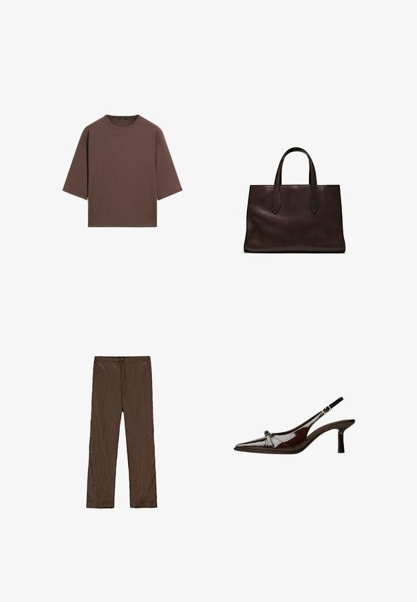 Braunes, kurzes T-Shirt mit rundem Halsausschnitt, kurzen Ärmeln und einer weichen Textur. Entworfen mit einem lässigen Schnitt und minimalen Details.; Massimo Dutti PINSTRIPE - Stoffhose - mottled dark brown; Braune Lackleder-Slingback-Schuhe mit spitzem Zehenbereich, niedrigem Absatz und einer dekorativen Schleifenakzent an der Vorderseite. Glatte, glänzende Textur.; Braune Ledertasche mit zwei langen Griffen, strukturierte rechteckige Form, glatte Textur und dezente Nähdetails.
