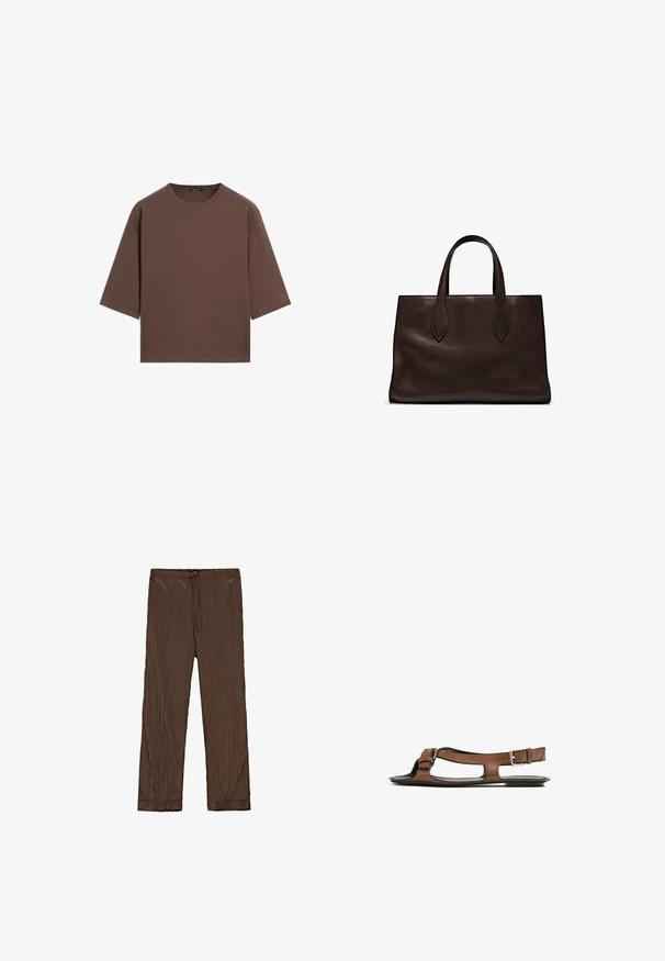 Bruine cropped t-shirt met een ronde halslijn, korte mouwen en een zachte textuur. Ontworpen met een losse pasvorm en minimale details.; Massimo Dutti PINSTRIPE - Broek - mottled dark brown; Bruine leren sandaal met een open teen en zijuitsparingen. Voorzien van een enkelband met een metalen gesp en een platte zool.; Bruine leren tote bag met twee verlengde handvatten, gestructureerde rechthoekige vorm, gladde textuur en subtiele stiksels.