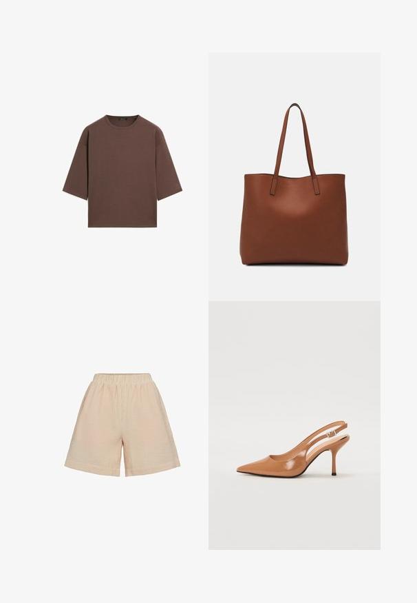 Braunes, kurzes T-Shirt mit rundem Halsausschnitt, kurzen Ärmeln und einer weichen Textur. Entworfen mit einem lässigen Schnitt und minimalen Details.; Moves PYNNA - Shorts - tangerine; Spitz zulaufender Slingback-Absatz aus einem glatten, glänzenden, tanfarbenen Material. Mit einem geschwungenen Ausschnitt-Design und einem schlanken Stiletto-Absatz. Silberne Schnallendetails.; Braune Leder-Tote mit glatter Textur, offenem Oberteil und zwei Schulterriemen. Verfügt über minimale Nähte und keine sichtbaren Beschläge.