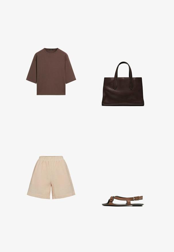 Brun kortärmad t-shirt med rund halsringning, korta ärmar och en mjuk textur. Designad med en avslappnad passform och minimal detaljer.; Moves PYNNA - Shorts - tangerine; Brun lädersandal med öppen tå och sidoklipp. Har en ankelrem med en metallspänne och en platt sula.; Brun läder tote-väska med två avlånga handtag, strukturerad rektangulär form, slät textur och subtila sömdetaljer.