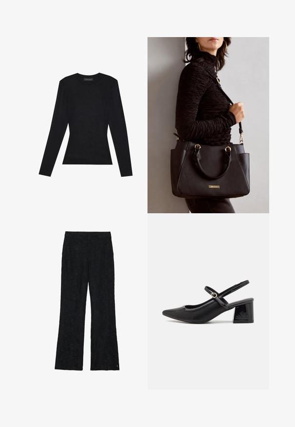 Maglietta nera a maniche lunghe con collo rotondo, caratterizzata da una silhouette aderente e un leggero volume sulle spalle. Realizzata in morbido cotone.; Pantaloni di pizzo nero con design a campana, caratterizzati da un motivo floreale su tutto il tessuto. Texture liscia con vita aderente.; Décolleté in vernice nera con cinturino dietro, punta affusolata, design con ritagli arrotondati e tacco a blocco. Presenta un accento di fibbia tono oro.; Borsa nera con superficie texturizzata, manici superiori doppi e tracolla regolabile. Dotata di hardware color oro e tasche laterali.