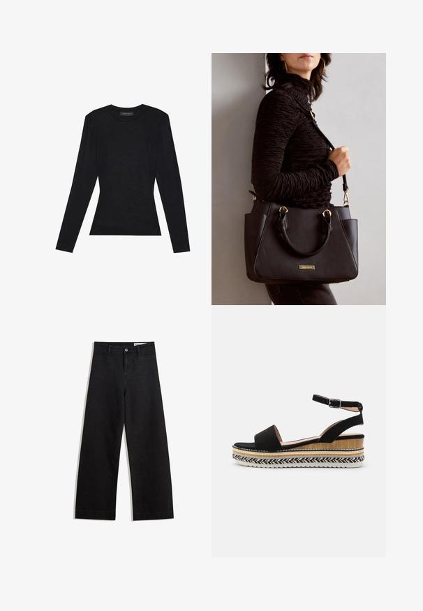 Czarna bluzka z długim rękawem i okrągłym dekoltem, o dopasowanym fasonie i lekko bufiastych detalach na ramionach. Wykonana z miękkiego materiału bawełnianego.; Czarne dżinsowe spodnie o szerokich nogawkach i wysokim stanie, z przednimi i tylnymi kieszeniami, przeszyciami oraz zapięciem na guziki. Gładka struktura.; Czarny zamszowy sandał z szerokim paskiem, zapięciem w kostce i warstwową podeszwą na koturnie z naturalnymi fakturami i plecionym wzorem.; Czarna torebka z teksturowanej powierzchni, podwójnymi uchwytami na górze i regulowanym paskiem na ramię. Posiada złote okucia i boczne kieszenie.