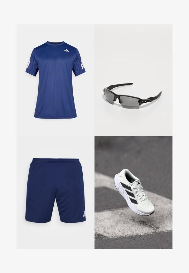 Tume sinine lühikeste varrukatega spordisärk, mis on valmistatud siledast kangast, ümmarguse kaelaauguga ja valge logoga vasakul ülemisel rinnaosal.; Tumed spordilühikesed šortsid, mis on valmistatud hingavast kangast. Omavad elastset vöökohta ja valget Adidas logo all paremal küljel.; Valge spordijalats tekstuurse võrgu pealmise osaga, mustade triipudega, nööriga kinnitamine ja pehmendatud tallaga, levib märgitud teepinna kohal.; Mustad must sportlikud prillid hallide läätsedega, kõverate raamide kujundus ja logodetail küljel. Valmistatud kergest plastmaterjalist.