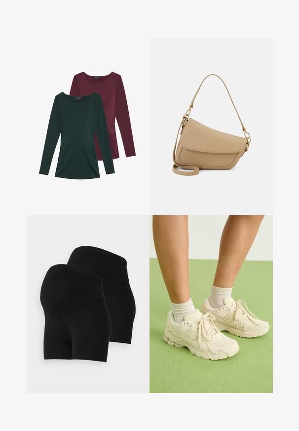 Duas blusas de manga longa: uma verde escura e outra cor de vinho. Ambas têm um decote redondo e detalhes franzidos nas laterais, feitas de um tecido suave.; Calções pretos elásticos com uma cintura alta, apresentando uma textura suave e um design ajustado. Duas peças mostradas, ambas idênticas.; Ténis de cor beje claro apresentam um tecido texturizado, bico arredondado e uma sola almofadada. Usados com meias de tornozelo bege sobre uma superfície verde.; Even&Odd Mala de mão - beige