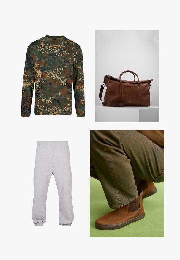 T-shirt a maniche lunghe in camouflage verde, marrone e beige con colletto rotondo. Presenta un motivo misto di macchie e texture irregolari.; Pantaloni della tuta grigi realizzati in misto cotone, dotati di una vita elasticizzata, gambe affusolate e orli a costine. Design semplice senza motivi.; Stivaletti alla caviglia in pelle marrone con una finitura liscia, pannelli laterali elastici e suole in gomma, abbinati a pantaloni testurizzati verde scuro.; Borsa da viaggio in pelle marrone con chiusura a zip, doppie maniglie, tracolla regolabile e motivi di texture visibili sulla superficie.