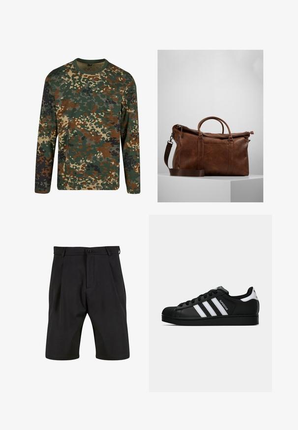 T-shirt à manches longues en camouflage vert, marron et beige avec un col rond. Présente un motif mélangé de taches et de textures irrégulières.; Shorts noirs en tissu lisse avec une coupe ajustée, dotés d'une fermeture à bouton à l'avant, de plis et de poches latérales.; Baskets Adidas Superstar noires avec rayures blanches, bout en coque, et texte "Superstar" sur le côté, montrées en profil sur fond blanc.; Sac de voyage en cuir marron avec fermeture éclair, doubles poignées, bandoulière réglable et motifs de texture visibles sur la surface.