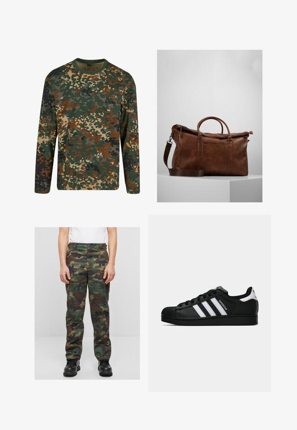Tricou cu mânecă lungă în camuflaj, în nuanțe de verde, maro și bej, cu guler rotund. Prezentă un model mixt de pete neregulate și texturi.; Pantaloni cargo de camuflaj în tonuri de verde, maro și negru. Realizați dintr-un material rezistent, cu o croială lejeră și buzunare laterale. Caracterizată printr-un închidere cu nasture.; Tenisii Adidas Superstar negri cu dungi albe, vârf din plastic, și textul "Superstar" pe lateral, prezentati în profil lateral pe fundal alb.; Geantă de voiaj din piele maro, cu închidere cu fermoar, mânere duble, curea de umăr ajustabilă și modele de textură vizibile pe suprafață.