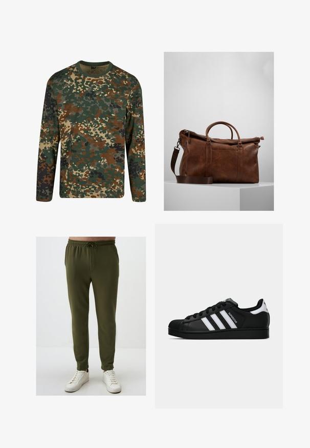 Langärmliges Camouflage-T-Shirt in Grün, Braun und Beige mit einem runden Ausschnitt. Es verfügt über ein gemischtes Muster aus unregelmäßigen Flecken und Texturen.; Olivgrüne Jogginghosen mit einem elastischen Bund, Kordelzugdetails und schmal zulaufendem Bein, kombiniert mit weißen Turnschuhen. Glatte Textur.; Schwarzer Adidas Superstar Sneaker mit weißen Streifen, Schalenzehen und "Superstar"-Schriftzug an der Seite, im Seitenprofil auf weißem Hintergrund dargestellt.; Braune Leder-Duffel-Tasche mit Reißverschluss, doppelten Griffen, verstellbarem Schultergurt und sichtbaren Texturmuster auf der Oberfläche.