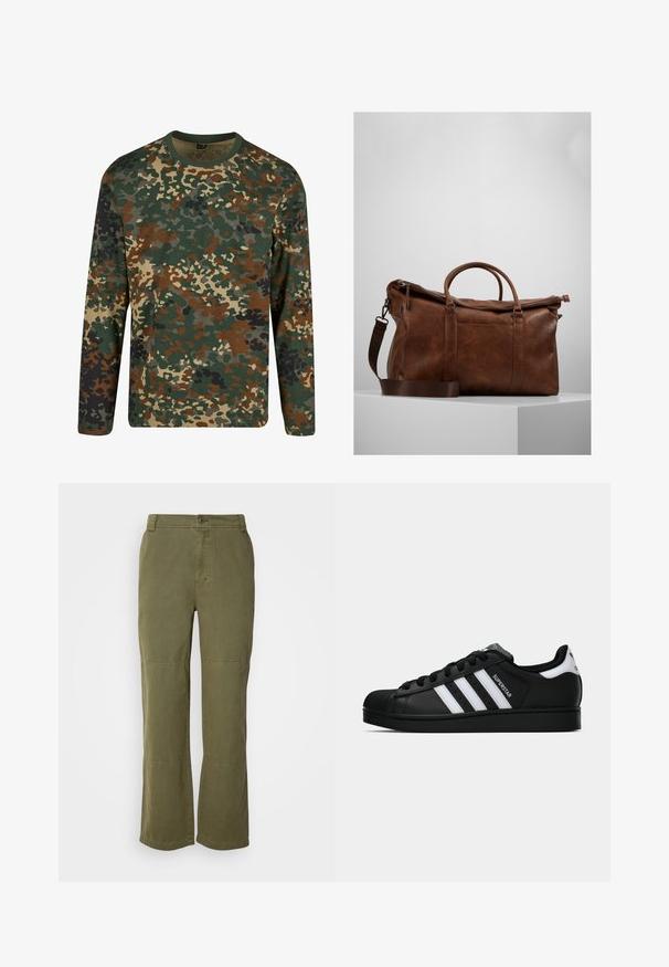 Long-sleeve camouflage t-shirt in green, brown, and beige with a round neckline. Features a mixed pattern of irregular splotches and textures.; Olive green cotton pants with a straight leg design, visible button closure, and knee seam accents for added detail and structure.; Black Adidas Superstar sneaker with white stripes, shell toe, and "Superstar" text on side, shown in side profile on white background.; Brown leather duffle bag with a zip closure, double handles, adjustable shoulder strap, and visible texture patterns on the surface.