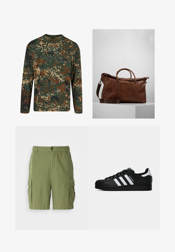 Roheline, pruun ja beež kamuflaažipritsaka pikade varrukatega T-särk, ümmarguse kaelusega. Omab segatud mustrit ebaregulaarsest täppidest ja tekstuuridest.; Roheline cargo lühikesed püksid lõdva juhusliku lõikega, valmistatud kergest kangast. Omab küljetaskuid ja ees olekut nupuklambiga.; Mustad musta värvi Adidas Superstar toss, millel on valged triibud, koonuseline varvas ja küljes "Superstar" tekst, esitatud külgvaates valgel taustal.; Pruunist nahast nädalavahetuse kott, millel on lukuga sulgur, topeltkäepidemed, reguleeritav õlavarre rihm ja nähtavad tekstuurimustrid pinnal.