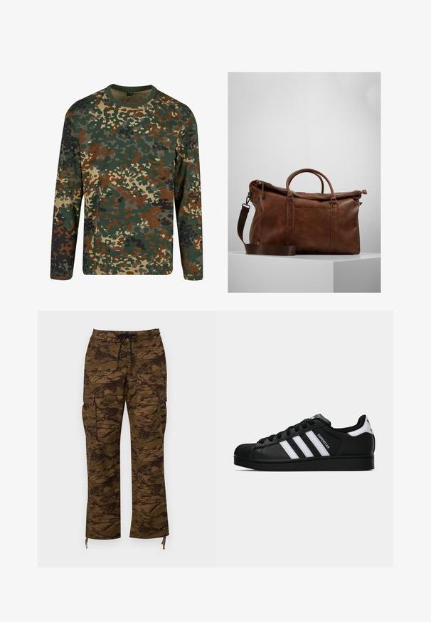 Dlouhý rukáv tričko s maskáčovým vzorem v zelené, hnědé a béžové barvě se zaobleným výstřihem. Obsahuje smíšený vzor nepravidelných skvrn a textur.; Hnědé cargo kalhoty s texturovaným maskáčovým vzorem, s elastickým pasem, stahovací šňůrkou a bočními kapsami. Ležérní střih, rovný nohavice.; Černé tenisky Adidas Superstar se bílými pruhy, špičkou ve tvaru skořápky a textem "Superstar" na boku, zobrazené v bočním profilu na bílém pozadí.; Hnědá kožená cestovní taška s uzávěrem na zip, dvojitými uchy, nastavitelným ramenním popruhem a viditelnými textura vzory na povrchu.