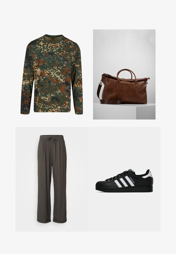 Roheline, pruun ja beež kamuflaažipritsaka pikade varrukatega T-särk, ümmarguse kaelusega. Omab segatud mustrit ebaregulaarsest täppidest ja tekstuuridest.; Tumedat hallid laiad püksid nööriga vööl, valmistatud pehmest, tekstuuriga kangast, millel on pahkluu juures keeratud kraed.; Mustad musta värvi Adidas Superstar toss, millel on valged triibud, koonuseline varvas ja küljes "Superstar" tekst, esitatud külgvaates valgel taustal.; Pruunist nahast nädalavahetuse kott, millel on lukuga sulgur, topeltkäepidemed, reguleeritav õlavarre rihm ja nähtavad tekstuurimustrid pinnal.