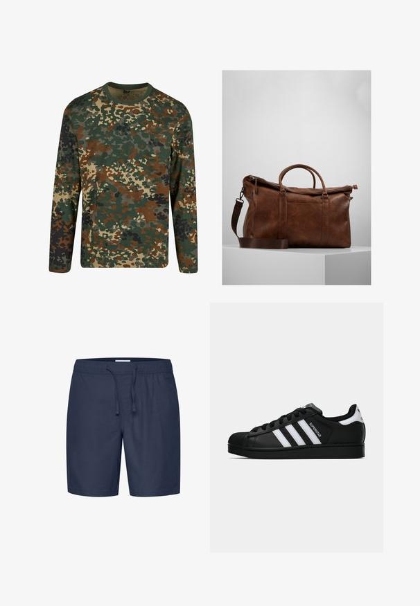 Tricou cu mânecă lungă în camuflaj, în nuanțe de verde, maro și bej, cu guler rotund. Prezentă un model mixt de pete neregulate și texturi.; Casual Friday CFPHELIX LINEN MIX - Pantaloni scurți - navy blazer; Tenisii Adidas Superstar negri cu dungi albe, vârf din plastic, și textul "Superstar" pe lateral, prezentati în profil lateral pe fundal alb.; Geantă de voiaj din piele maro, cu închidere cu fermoar, mânere duble, curea de umăr ajustabilă și modele de textură vizibile pe suprafață.