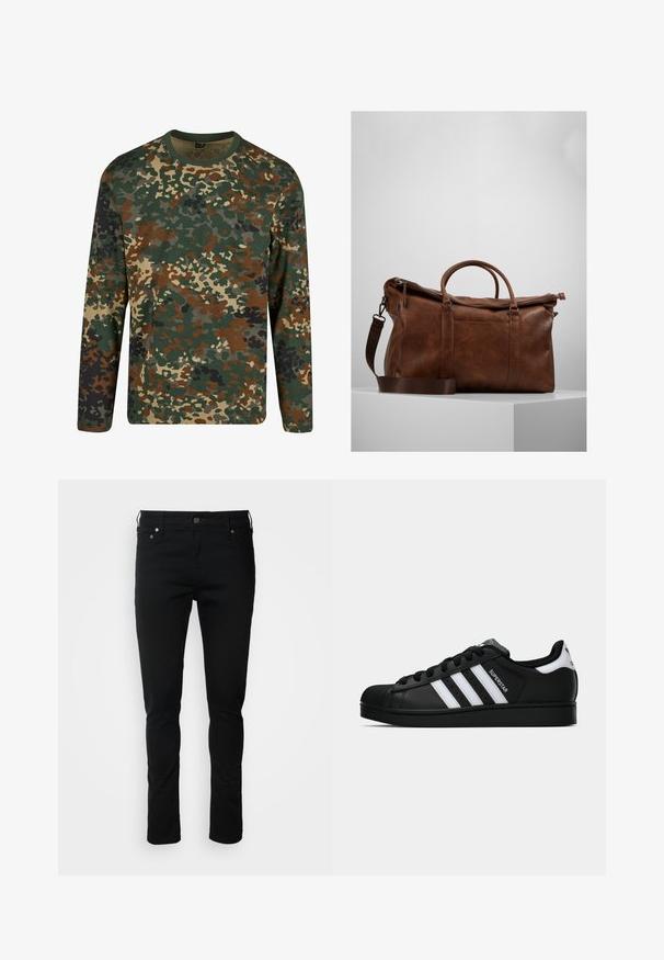 Dlhý rukáv tričko s maskáčovým vzorom v zelených, hnedých a béžových odtieňoch s okrúhlym výstrihom. Obsahuje zmiešaný vzor s nepravidelnými škvrnami a textúrami.; Čierne deninové nohavice so slim fit strihom, s krytým zipsom, pútkami na opasok a prednými vreckami. Hladká textura, minimalizované detaily, klasický dizajn.; Čierne tenisky Adidas Superstar s bielymi pruhmi, špičkou v tvare mušle a textom "Superstar" na boku, zobrazené v bočnom profilu na bielom pozadí.; Hnedá kožená cestovná taška so zipsovým uzáverom, dvojitými uchami, nastaviteľným ramenným popruhom a viditeľnými textúrami na povrchu.