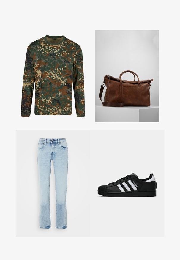 Camiseta de manga larga en camuflaje de color verde, marrón y beige con cuello redondo. Presenta un patrón mixto de manchas irregulares y texturas.; Jeans de denim azul claro con un diseño de pierna recta, cinco bolsillos, un ligero desgastado y una textura ligeramente desvaída en el dobladillo.; Zapatilla negra Adidas Superstar con rayas blancas, punta de concha y texto "Superstar" en el lateral, mostrada en perfil lateral sobre un fondo blanco.; Bolsa de viaje de cuero marrón con cierre de cremallera, doble asa, correa de hombro ajustable y patrones de textura visibles en la superficie.
