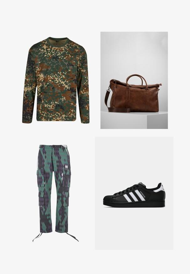 Dlhý rukáv tričko s maskáčovým vzorom v zelených, hnedých a béžových odtieňoch s okrúhlym výstrihom. Obsahuje zmiešaný vzor s nepravidelnými škvrnami a textúrami.; Cargo nohavice s diamantovým vzorom v zelených, fialových a čiernych tónoch. Obsahujú šesť vreciek, nastaviteľné manžety a zapínanie na gombík v oblasti pása.; Čierne tenisky Adidas Superstar s bielymi pruhmi, špičkou v tvare mušle a textom "Superstar" na boku, zobrazené v bočnom profilu na bielom pozadí.; Hnedá kožená cestovná taška so zipsovým uzáverom, dvojitými uchami, nastaviteľným ramenným popruhom a viditeľnými textúrami na povrchu.