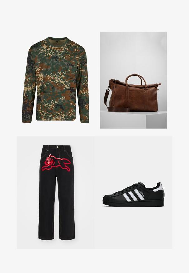 Majica s dolgimi rokavi v kamuflažnem vzorcu v zeleni, rjavi in bež barvi z okroglim izrezom. Ima mešanico nepravilnih madežev in tekstur.; Črne denim jeans z velikim rdečim grafični motivom skakajoče mačke na zadnjem žepu, s kontrastnim rumenim šivom ob šivih.; Črne superge Adidas Superstar z belimi črtami, zaščitnim pokrovom na prstih in napisom "Superstar" na strani, prikazane v bočnem profilu na beli podlagi.; Brahna usnjena potovalna torba z zadrgo, dvojno ročajema, nastavljivim naramnim trakom in vidnimi teksturami na površini.