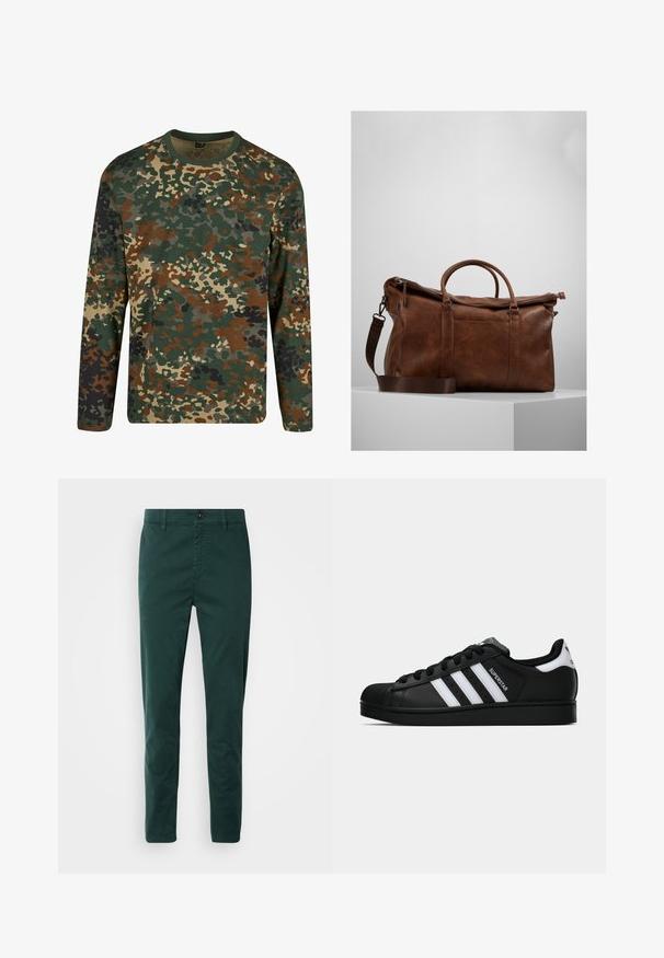 T-shirt à manches longues en camouflage vert, marron et beige avec un col rond. Présente un motif mélangé de taches et de textures irrégulières.; Chinos vert foncé en coton, avec une coupe droite, des poches avant, une fermeture éclair et un bouton marron à la taille.; Baskets Adidas Superstar noires avec rayures blanches, bout en coque, et texte "Superstar" sur le côté, montrées en profil sur fond blanc.; Sac de voyage en cuir marron avec fermeture éclair, doubles poignées, bandoulière réglable et motifs de texture visibles sur la surface.