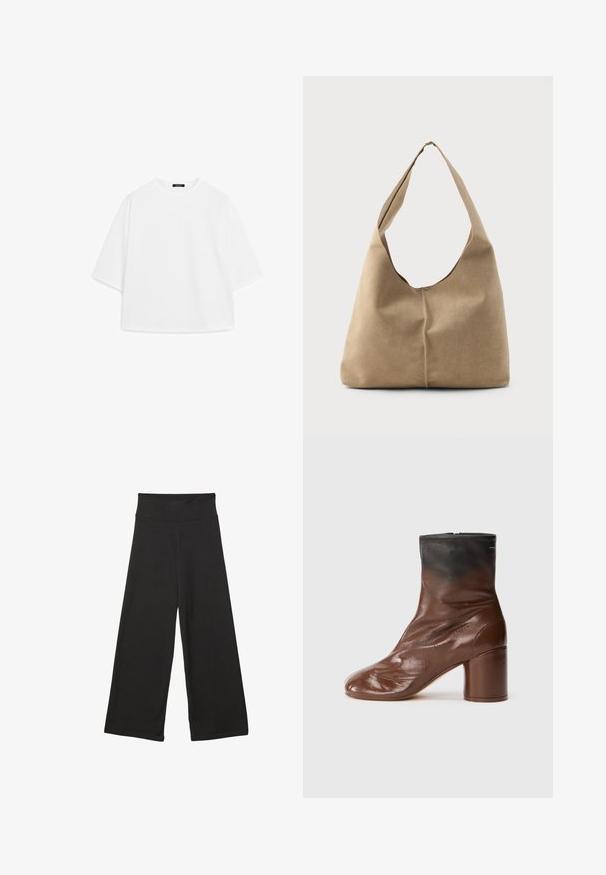 Weißes, übergroßes T-Shirt aus weichem Baumwollstoff. Mit kurzen Ärmeln, runder Ausschnitt und einem lässigen Schnitt ohne sichtbare Muster oder Akzente.; Schwarze weit geschnittene Hosen mit einem hohen elastischen Bund, weichem Stoff und lockerer Passform, geeignet für legere Anlässe oder entspannte Umgebungen.; Braune Lederstiefelette mit abgerundeter Spitze, ausgestattet mit einer strukturierten Oberfläche, einem schwarzen oberen Teil und einem klobigen Absatz. Reißverschluss hinten.; Hobo-Tasche aus weichem beigen Wildleder mit einer lässigen Form, breitem Schulterriemen und einer handgestickten Nahtdetail entlang der Vorderseite.