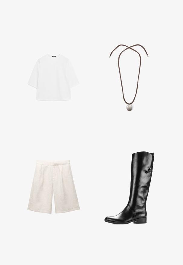 Witte oversized t-shirt van zachte katoen. Heeft korte mouwen, een ronde halslijn en een ontspannen pasvorm zonder zichtbare patronen of accenten.; Beige linnen shorts met een wijd model, voorzien van voorplooien en een gladde tailleband. De stof heeft een licht gestructureerde afwerking.; Zwarte leren kniehoog laars met een ronde neus, een lichte hak, een zijgesp-detail en een gladde, glanzende textuur.; Halsketting met een bruine koord en een zilveren ovale hanger. De hanger heeft een glad oppervlak en een lichte indeuking in het midden.