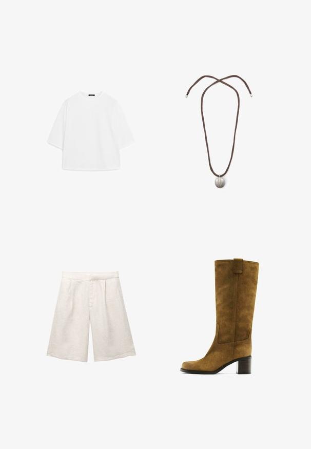Witte oversized t-shirt van zachte katoen. Heeft korte mouwen, een ronde halslijn en een ontspannen pasvorm zonder zichtbare patronen of accenten.; Beige linnen shorts met een wijd model, voorzien van voorplooien en een gladde tailleband. De stof heeft een licht gestructureerde afwerking.; Bruine suède laarzen tot de knie met een vierkante neus en blokhak. Heeft een zijpaneel en een trekband aan de bovenkant voor eenvoudig aan- en uittrekken.; Halsketting met een bruine koord en een zilveren ovale hanger. De hanger heeft een glad oppervlak en een lichte indeuking in het midden.