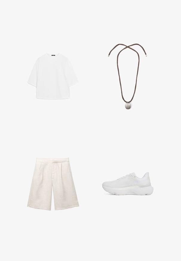 Weißes, übergroßes T-Shirt aus weichem Baumwollstoff. Mit kurzen Ärmeln, runder Ausschnitt und einem lässigen Schnitt ohne sichtbare Muster oder Akzente.; Beige Leinenbermudas mit weitem Bein, versehen mit Vorderfalten und glattem Bund. Der Stoff hat eine leicht strukturierte Oberfläche.; Weiße Sportschuh mit einem strukturierten Mesh-Obermaterial, gepolstertem Kragen, dämpfender Sohle und minimalistischen Design mit tonal abgestimmten Akzenten.; Halskette mit einem braunen Band und einem silbernen ovalen Anhänger. Der Anhänger hat eine glatte Oberfläche und eine leichte Vertiefung in der Mitte.