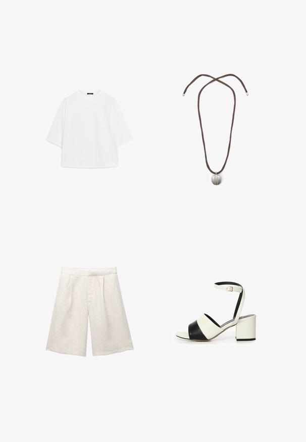 White oversized t-shirt made of soft cotton. Features short sleeves, a round neckline, and a relaxed fit with no visible patterns or accents.; Beige linen shorts with a wide leg, featuring front pleats and a smooth waistband. The fabric has a slightly textured finish.; Black and white two-tone block heel sandal. Features a wide, rounded toe strap, ankle strap with adjustable buckle, and a textured sole.; Necklace with a brown cord and a silver oval pendant. The pendant has a smooth surface and a slight indentation in the center.
