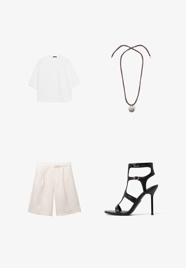 Weißes, übergroßes T-Shirt aus weichem Baumwollstoff. Mit kurzen Ärmeln, runder Ausschnitt und einem lässigen Schnitt ohne sichtbare Muster oder Akzente.; Beige Leinenbermudas mit weitem Bein, versehen mit Vorderfalten und glattem Bund. Der Stoff hat eine leicht strukturierte Oberfläche.; Schwarze High-Heel-Sandale mit einer Kunst-Krokodiltextur, ausgestattet mit zwei Schnallenverzierungen und einem offenen Design. Eleganter Stiletto-Absatz.; Halskette mit einem braunen Band und einem silbernen ovalen Anhänger. Der Anhänger hat eine glatte Oberfläche und eine leichte Vertiefung in der Mitte.
